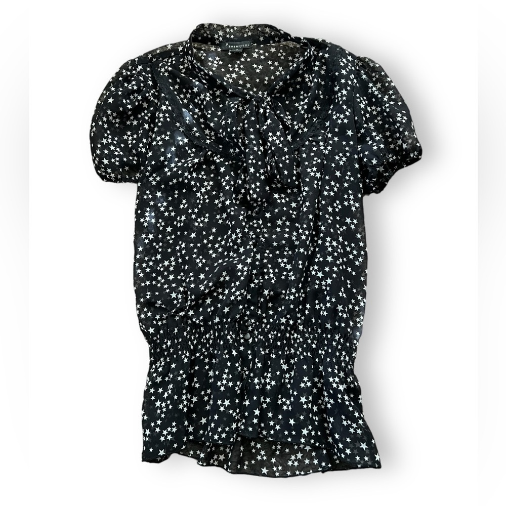 Star Print Button Up Short Sleeve Blouse